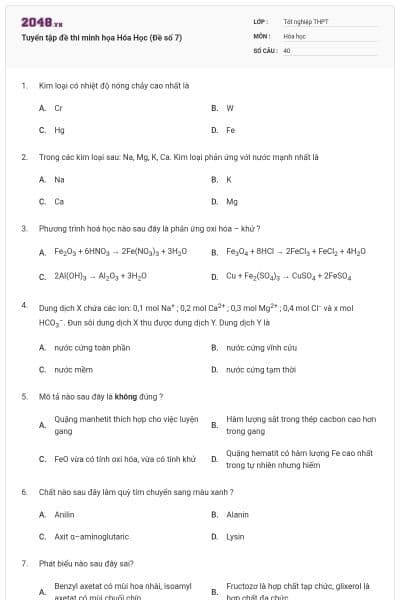 Tuyển tập đề thi minh họa Hóa Học (Đề số 7)