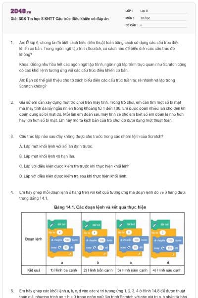 Giải SGK Tin học 8 KNTT Cấu trúc điều khiển có đáp án