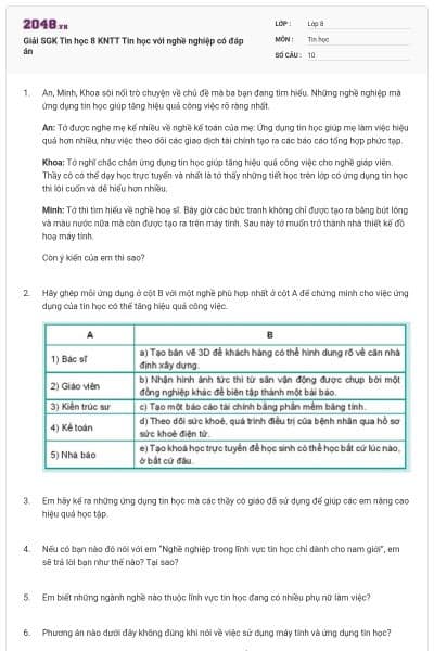 Giải SGK Tin học 8 KNTT Tin học với nghề nghiệp có đáp án