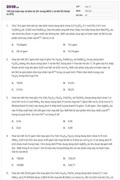 100 bài toán hay và khó về (H+ trong NO3-) có khí H2 thoát ra (P3)