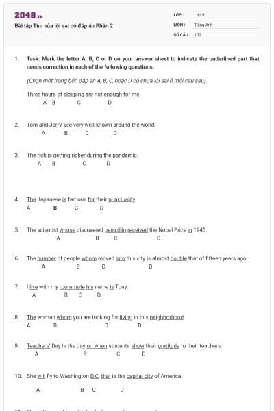 Bài tập Tìm sửa lỗi sai có đáp án Phần 2