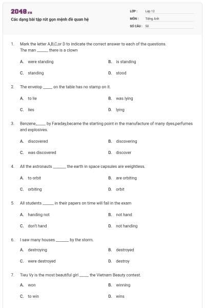 Các dạng bài tập rút gọn mệnh đề quan hệ