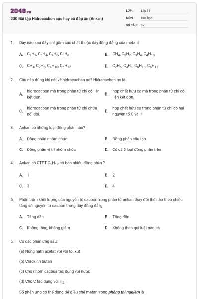 230 Bài tập Hidrocacbon cực hay có đáp án (Ankan)