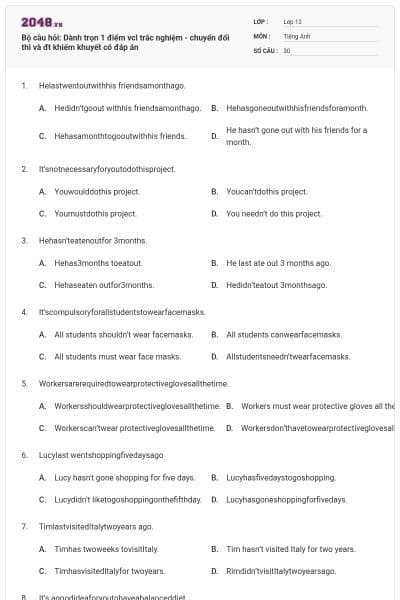 Bộ câu hỏi: Dành trọn 1 điểm vcl trắc nghiệm - chuyển đổi thì và đt khiếm khuyết có đáp án