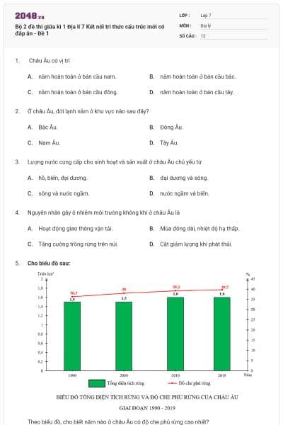 Bộ 2 đề thi giữa kì 1 Địa lí 7 Kết nối tri thức cấu trúc mới có đáp án - Đề 1