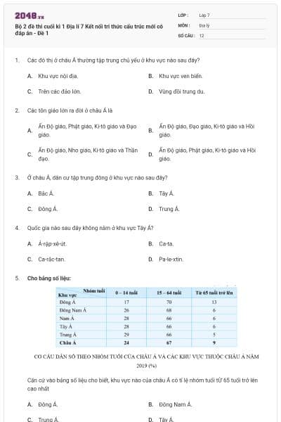 Bộ 2 đề thi cuối kì 1 Địa lí 7 Kết nối tri thức cấu trúc mới có đáp án - Đề 1