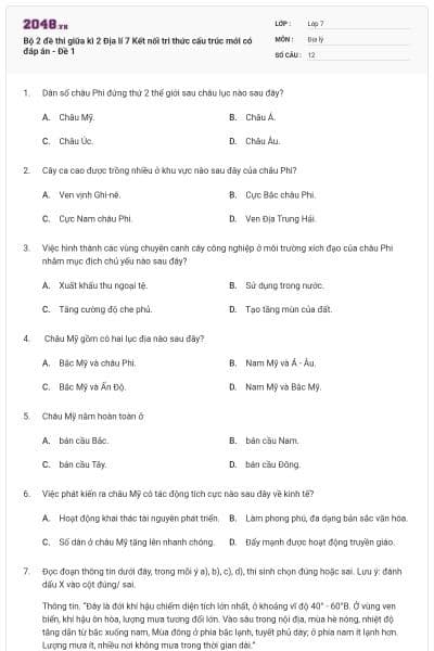 Bộ 2 đề thi giữa kì 2 Địa lí 7 Kết nối tri thức cấu trúc mới có đáp án - Đề 1