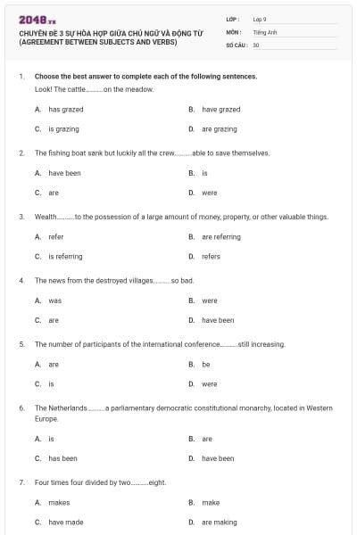 CHUYÊN ĐỀ 3  SỰ HÒA HỢP GIỮA CHỦ NGỮ VÀ ĐỘNG TỪ (AGREEMENT BETWEEN SUBJECTS AND VERBS)
