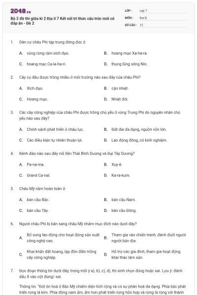 Bộ 2 đề thi giữa kì 2 Địa lí 7 Kết nối tri thức cấu trúc mới có đáp án - Đề 2