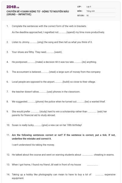 CHUYÊN ĐỀ 4 DANH ĐỘNG TỪ - ĐỘNG TỪ NGUYÊN MẪU (GRUND – INFINITIVE)