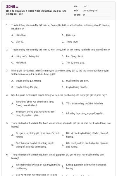 Bộ 2 đề thi giữa kì 1 GDCD 7 Kết nối tri thức cấu trúc mới có đáp án - Đề 1