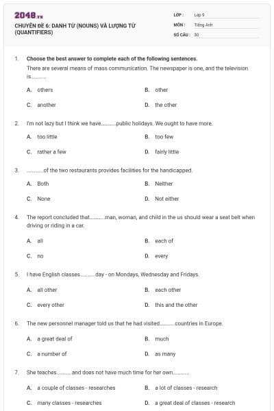 CHUYÊN ĐỀ 6:  DANH TỪ (NOUNS) VÀ LƯỢNG TỪ (QUANTIFIERS)