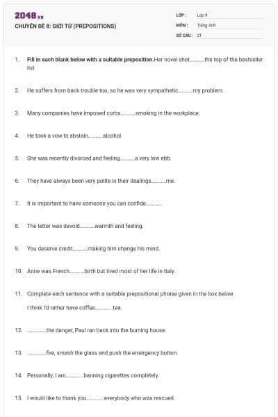 CHUYÊN ĐỀ 8:  GIỚI TỪ (PREPOSITIONS)