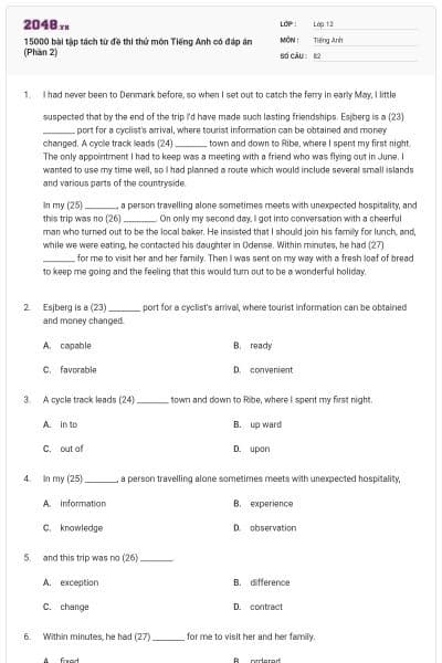 15000 bài tập tách từ đề thi thử môn Tiếng Anh có đáp án (Phần 2)