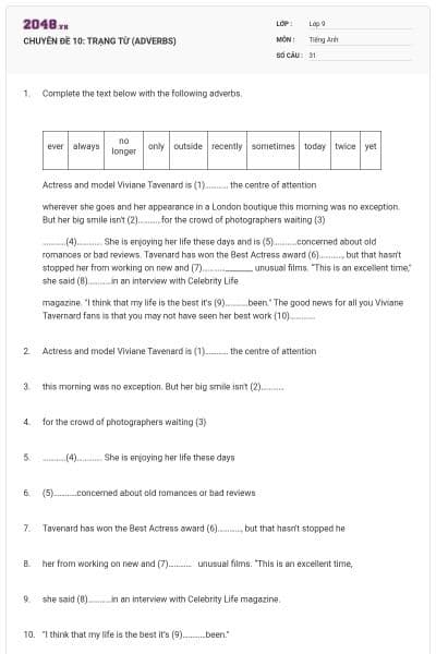 CHUYÊN ĐỀ 10: TRẠNG TỪ (ADVERBS)