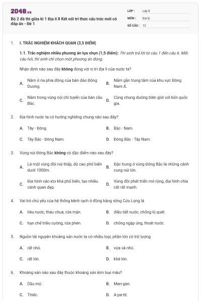 Bộ 2 đề thi giữa kì 1 Địa lí 8 Kết nối tri thức cấu trúc mới có đáp án - Đề 1
