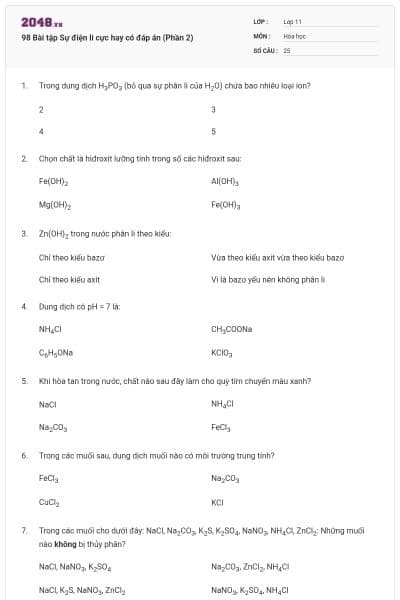 98 Bài tập Sự điện li cực hay có đáp án (Phần 2)