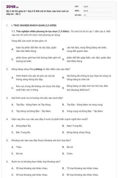 Bộ 2 đề thi giữa kì 1 Địa lí 8 Kết nối tri thức cấu trúc mới có đáp án - Đề 2