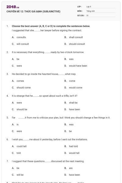 CHUYÊN ĐỀ 12: THỨC GIẢ ĐỊNH (SUBJUNCTIVE)