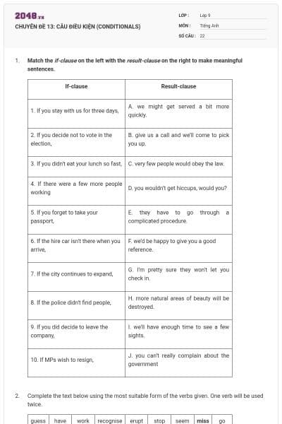 CHUYÊN ĐỀ 13:  CÂU ĐIỀU KIỆN (CONDITIONALS)