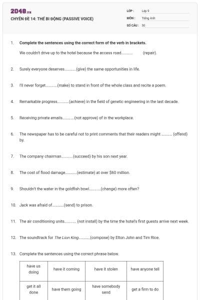 CHYÊN ĐỀ 14:  THỂ BI ĐỘNG (PASSIVE VOICE)