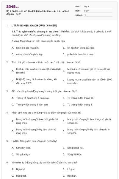 Bộ 2 đề thi cuối kì 1 Địa lí 8 Kết nối tri thức cấu trúc mới có đáp án - Đề 2