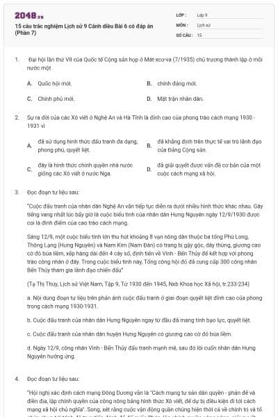 15 câu trắc nghiệm Lịch sử 9 Cánh diều Bài 6 có đáp án (Phần 7)