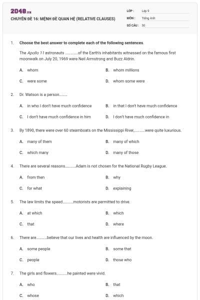 CHUYÊN ĐỀ 16:  MỆNH ĐỀ QUAN HỆ (RELATIVE CLAUSES)