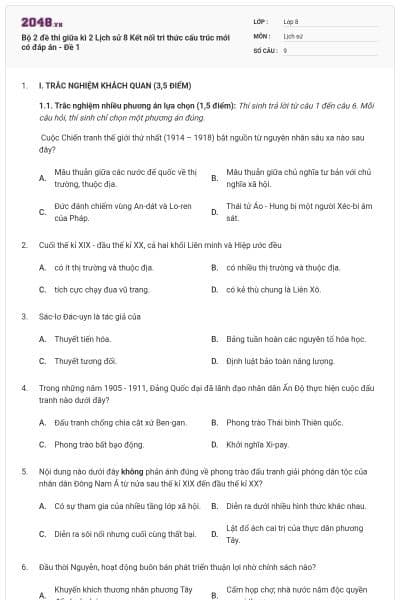 Bộ 2 đề thi giữa kì 2 Lịch sử 8 Kết nối tri thức cấu trúc mới có đáp án - Đề 1