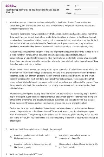 15000 bài tập tách từ đề thi thử môn Tiếng Anh có đáp án (Phần 5)