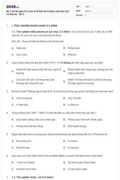Bộ 2 đề thi giữa kì 2 Lịch sử 8 Kết nối tri thức cấu trúc mới có đáp án - Đề 2