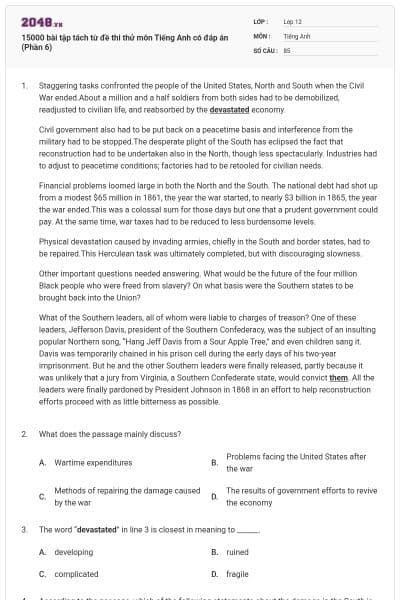 15000 bài tập tách từ đề thi thử môn Tiếng Anh có đáp án (Phần 6)