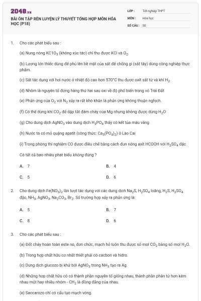 BÀI ÔN TẬP RÈN LUYỆN LÝ THUYẾT TỔNG HỢP MÔN HÓA HỌC (P18)