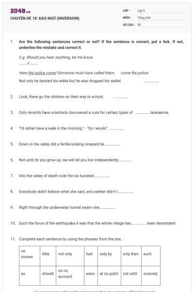 CHUYÊN ĐỀ 18:  ĐẢO NGỮ (INVERSION)