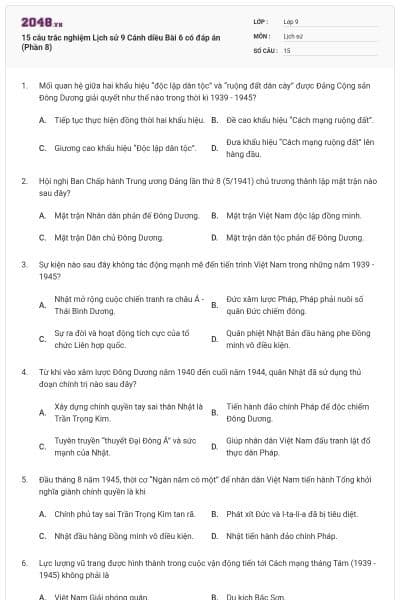 15 câu trắc nghiệm Lịch sử 9 Cánh diều Bài 6 có đáp án (Phần 8)