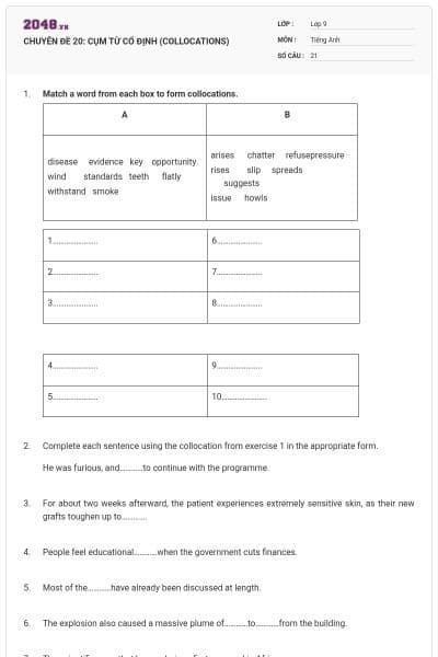 CHUYÊN ĐỀ 20:  CỤM TỪ CỐ ĐỊNH (COLLOCATIONS)