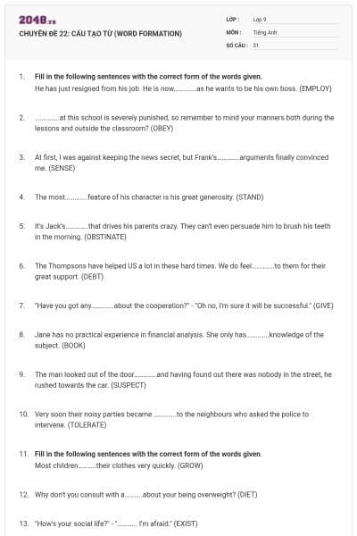 CHUYÊN ĐỀ 22:  CẤU TẠO TỪ (WORD FORMATION)