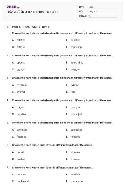 PHẦN 3: ĐỀ ÔN LUYỆN THI  PRACTICE TEST 1