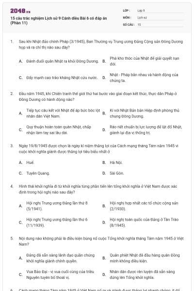 15 câu trắc nghiệm Lịch sử 9 Cánh diều Bài 6 có đáp án (Phần 11)