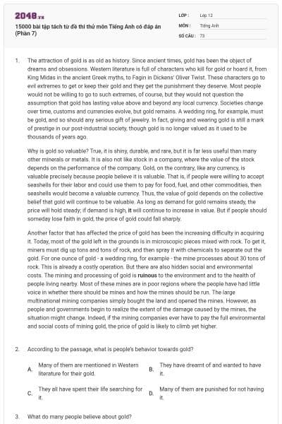 15000 bài tập tách từ đề thi thử môn Tiếng Anh có đáp án (Phần 7)