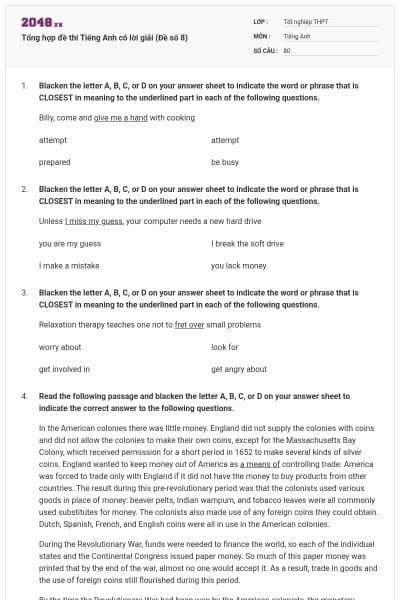 Tổng hợp đề thi Tiếng Anh có lời giải (Đề số 8)
