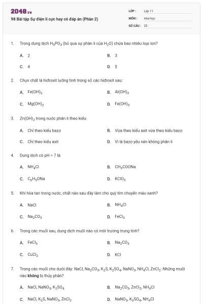 98 Bài tập Sự điện li cực hay có đáp án (Phần 2)