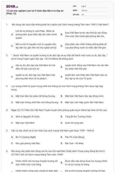 15 câu trắc nghiệm Lịch sử 9 Cánh diều Bài 6 có đáp án (Phần 13)