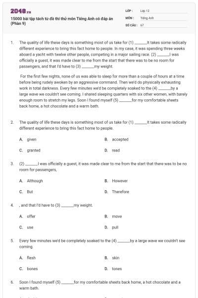 15000 bài tập tách từ đề thi thử môn Tiếng Anh có đáp án (Phần 9)