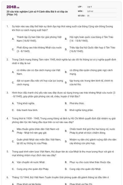 20 câu trắc nghiệm Lịch sử 9 Cánh diều Bài 6 có đáp án (Phần 14)