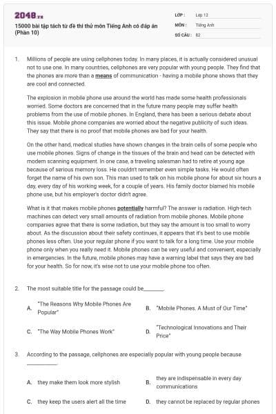 15000 bài tập tách từ đề thi thử môn Tiếng Anh có đáp án (Phần 10)