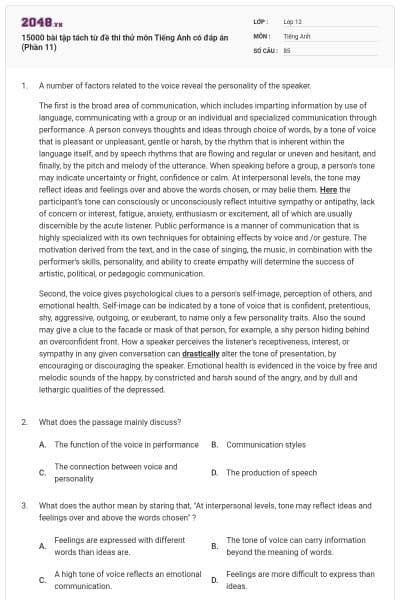 15000 bài tập tách từ đề thi thử môn Tiếng Anh có đáp án (Phần 11)