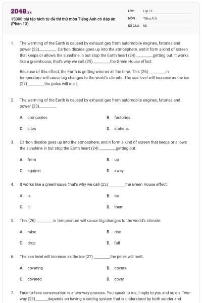 15000 bài tập tách từ đề thi thử môn Tiếng Anh có đáp án (Phần 13)