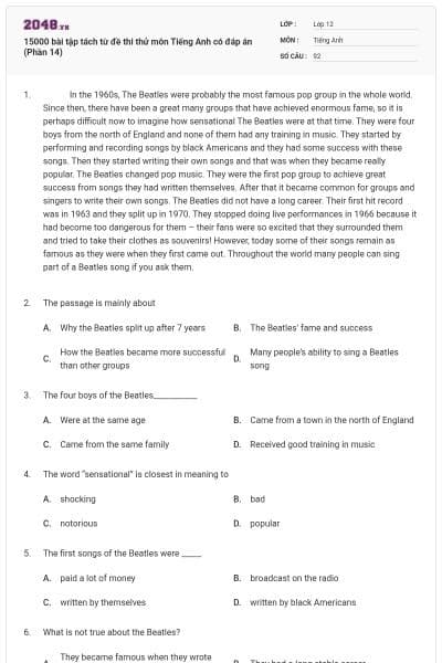 15000 bài tập tách từ đề thi thử môn Tiếng Anh có đáp án (Phần 14)