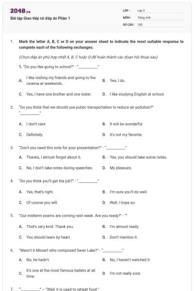 Bài tập Giao tiếp có đáp án Phần 1